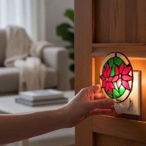 Christmas Tiffany Poinsettias Night Light Glass Holiday Red/Green EUC